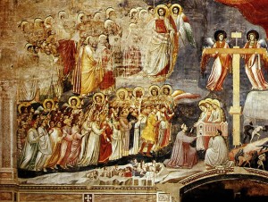 Giotto: Il giudizio universale (particolari vari), cm. 1000 x 840 (assieme), Cappella degli Scrovegni, Padova. Particolare di sinistra.